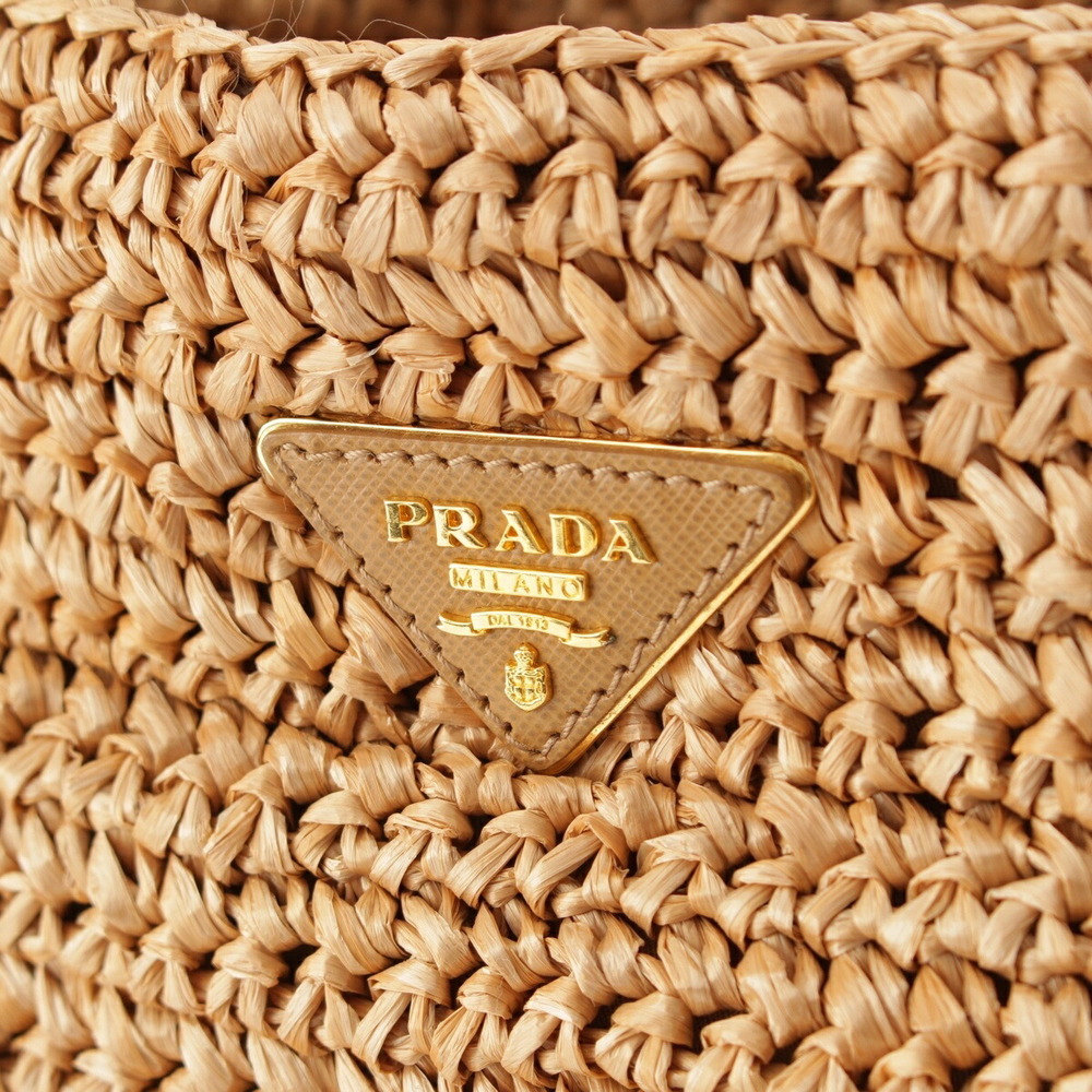 Prada Triangle Tote Raffia Bag Logo Beige Tan Woven - Picture 8 of 10